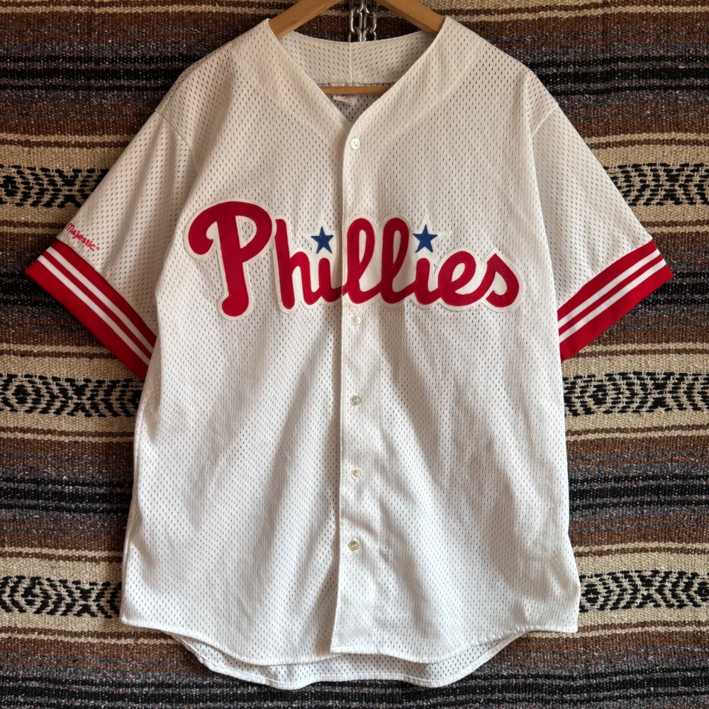 Vintage Phillies Baseball Jersey Large White Majestic Mesh USA Made Button Up